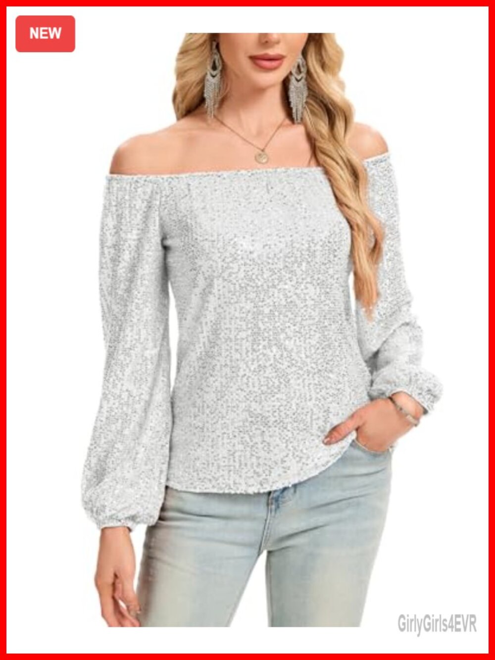 Off Shoulder Sequin Blouse Long Sleeve Sparkly Dressy Top